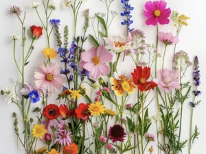 Verschillende soorten bloemen neergelegd op een witte achtergrond, de bloemist stelt een boeket bloemen samen.