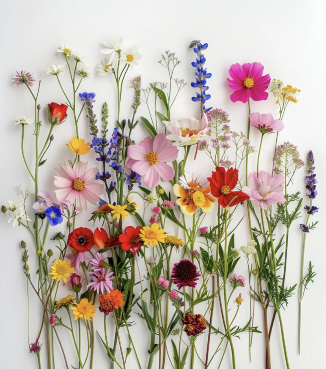 Verschillende soorten bloemen neergelegd op een witte achtergrond, de bloemist stelt een boeket bloemen samen. Een boeket als keuze van de bloemist.